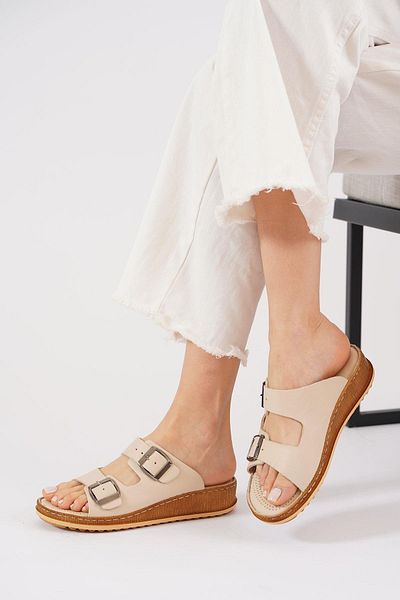 Moda Pie Resna Διπλή Πόρπη Γνήσιο Δερμάτινο Γυναικείες Παντόφλες Μπεζ δέρμα