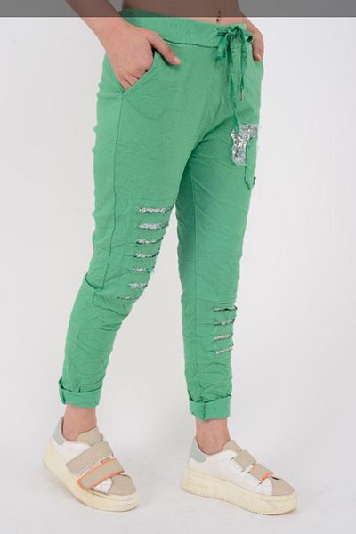 AYASOFYA OTANTIK Women's Italian Green Elastic Waist Laser Cut Sequin Sequin Patched Trousers