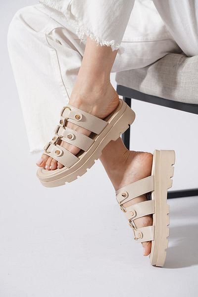 Moda Pie Osni Halka PimTroklu Γυναικείες Παντόφλες Μπεζ δέρμα