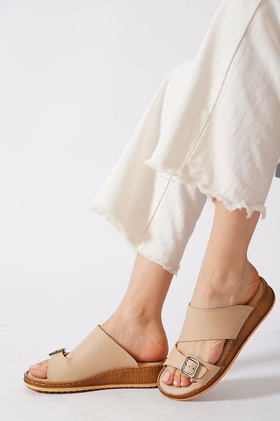 Moda Pie Γυναικείες παντόφλες Sedert Buckle Γνήσιο Δερμάτινο Μπεζ δέρμα