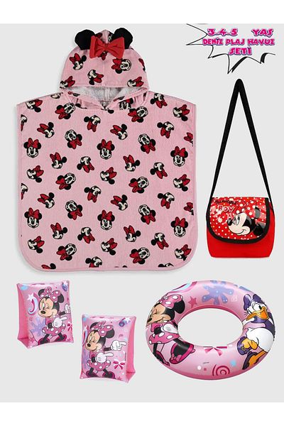 Minnie Mouse 3-5 Years Old Girl's Beach Towel Poncho and Swimming Set + Swimming Oversleeve with Carrying Bag + Swimming Life Ring