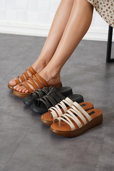 Moda Pie Γυναικείες παντόφλες Noresa Vaketa Banded από γνήσιο δέρμα Tan Skin