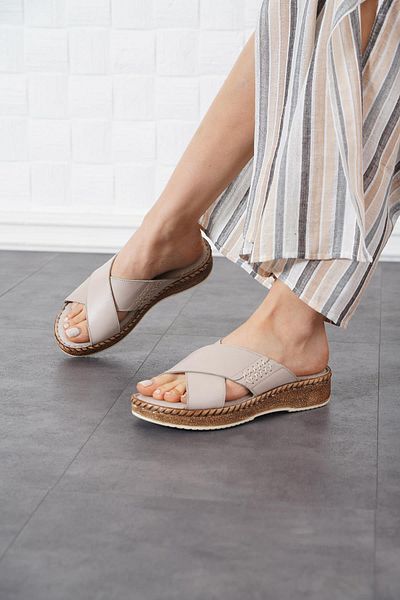 Moda Pie Γυναικείες παντόφλες Leret Side Stitched Γνήσιο Δερμάτινο Ασημί