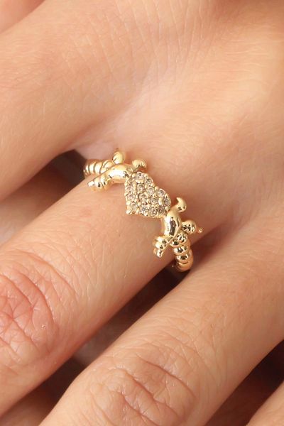 Calypso Adjustable Women's Ring with Zircon Stone Gold Color Heart and Bird Figures
