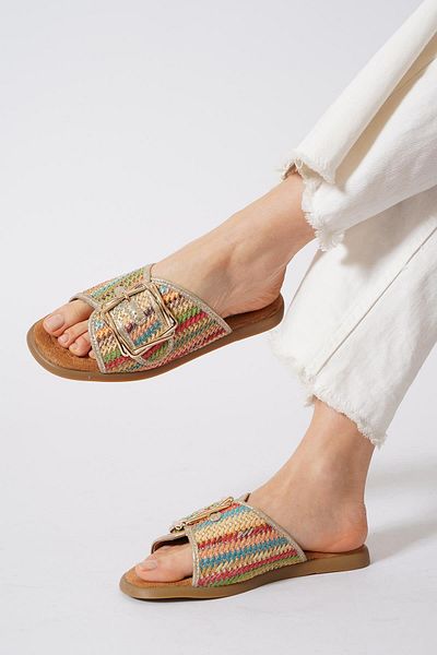 Moda Pie Γυναικείες παντόφλες Waxrib Side Buckle Straw Indigo
