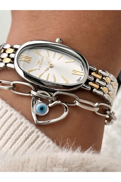 FERRO Stylish Box, Silver Yellow, Steel Cord, Oval Case, Vip Series Women's Wristwatch Bracelet Gift