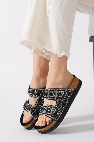 Moda Pie Παντόφλες Erika Double Buckle Stone Μαύρες