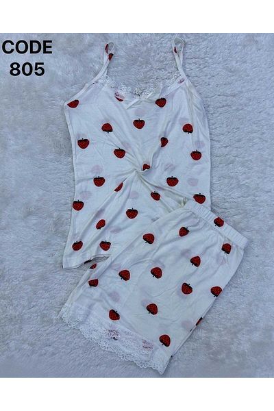 XORVİO Women's Rope Strap Strawberry Pattern Shorts Set Lace Detailed Stylish Summer Large Size Oversize Pajamas