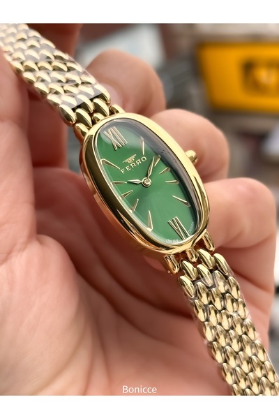 FERRO في علبة أنيقة، أصفر أخضر، سلك فولاذي، علبة بيضاوية، سوار ساعة يد نسائي من سلسلة خاصة مع هدية