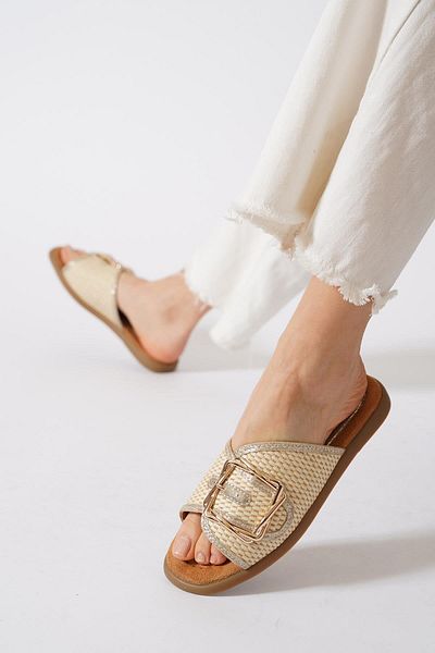 Moda Pie Γυναικείες παντόφλες Waxrib Side Buckle Straw Μπεζ Ψάθινο