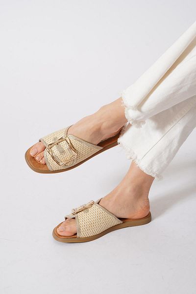 Moda Pie Γυναικείες παντόφλες Waxrib Side Buckle Straw Μπεζ Ψάθινο