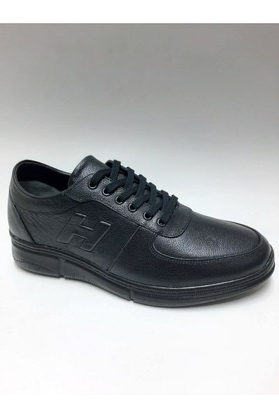 Adnan Bozkaya Genuine Leather Lace-Up Black Summer Men's Shoes