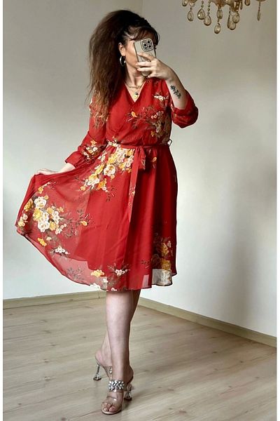 azra moda Short Yellow Floral Chiffon Dress -Tile