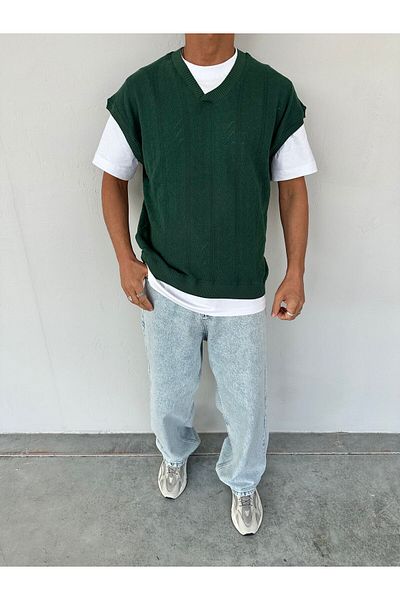 OKSHEN Men's V Patterned Oversize Sweater