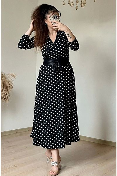 azra moda Double Breasted Collar Long Sleeve Polka Dot Suede Dress