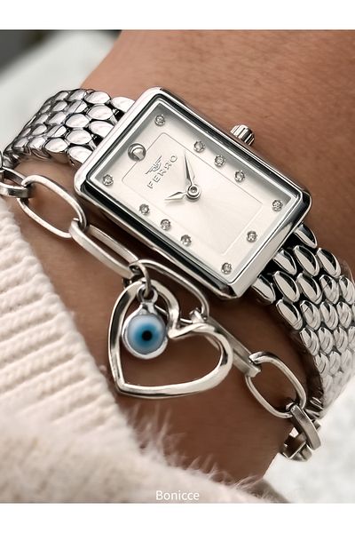 FERRO Stylish Box, Silver Steel Cord, Rectangular Case, Vip Series Women's Wristwatch Bracelet as a Gift