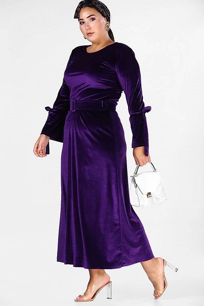 azra moda Βελούδινο φόρεμα με μακριά μανίκια με κορδόνια - ΜΩΒ