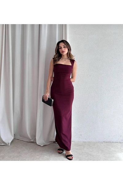 mafdress Women's Square Neck Burgundy Evening Dress