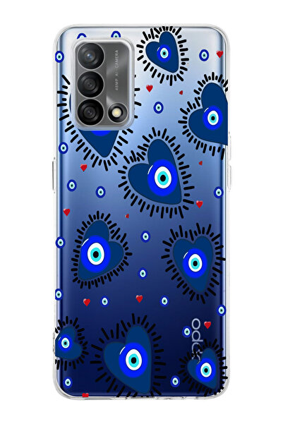 moonset Oppo A74 Uyumlu Nazar Kalpler Tasarımlı Baskılı Şeffaf Telefon Kılıfı