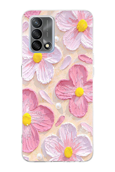 moonset Oppo A74 Uyumlu Pastel Çiçek Tasarımlı Baskılı Şeffaf Telefon Kılıfı