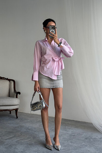 buğrahayalin Striped Poplin Double Breasted Tie Shirt - Pink