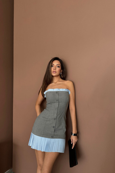 Viyamo Strapless Polysilk Dress with Blue Ruffle Detail - Gray