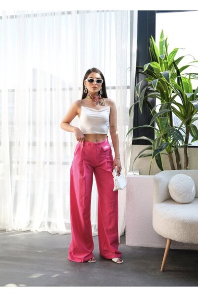 JANES Ленени панталони с копчета и детайли от ефирен палацо панталони