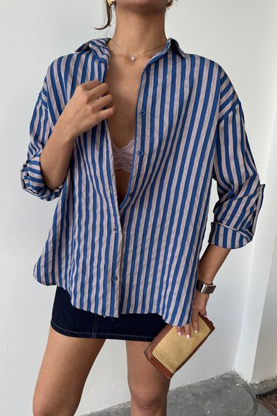 MRA Fashion Striped Shirt Linen - Navy Blue