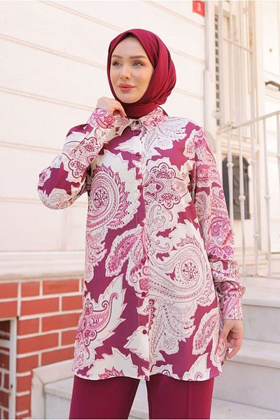 Moda Rosa 25Y7570 - Claret Red - Motif Pattern Shirt Suit