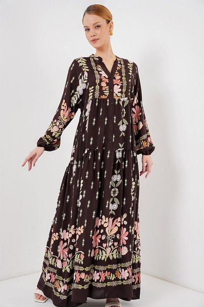 Moka Shopin Mokashopin 2423 Authentic Patterned Hijab Dress - I. Brown