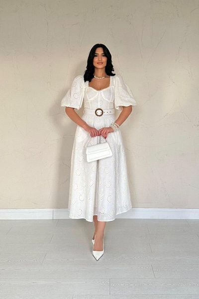 novafems Mra Fashion Ecru Φόρεμα με Κέικ Λεπτομέρεια Κεντημένο με Ζώνη