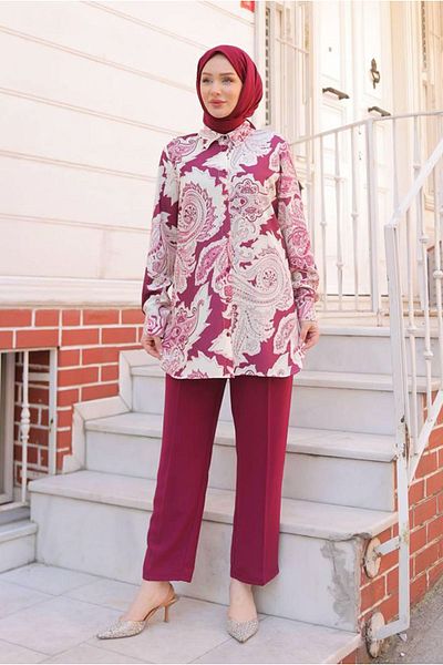 Moda Rosa 25Y7570 - Claret Red - Motif Pattern Shirt Suit