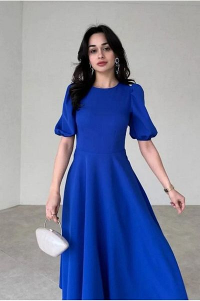 Kokosh moda Women's Short Balloon Sleeve Crew Neck Wide Cut Crepe Dress, Graduation-Special Occasion Dress