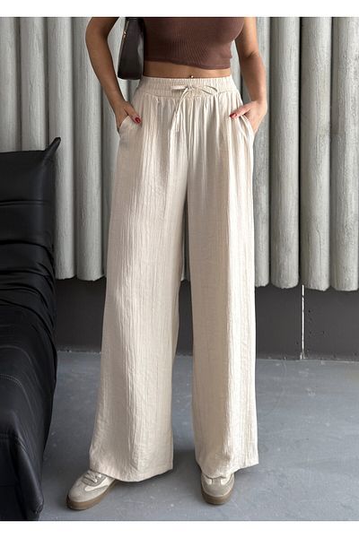 modazoom Cremefarbene Palazzo-Hose aus Lycra mit Falten und hoher Taille für Damen