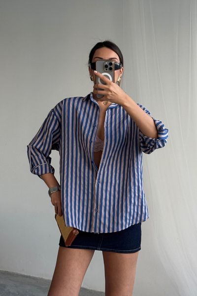 MRA Fashion Striped Shirt Linen - Navy Blue
