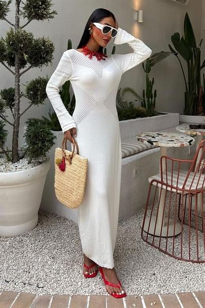 Simala Openwork Detailed Crew Neck Knitwear Dress 2861