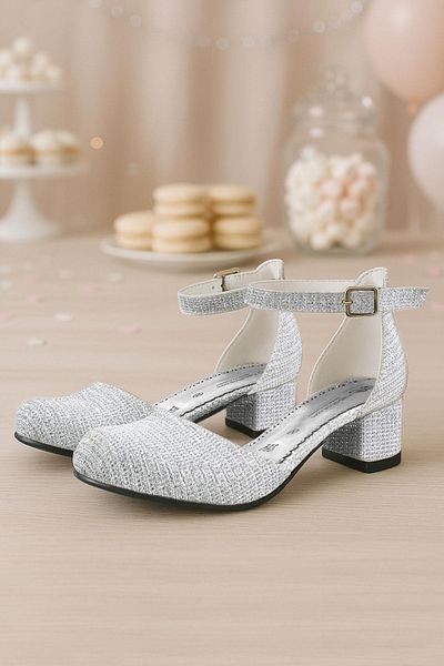 hapshoe Pantofi cu toc pentru fete cu toc gros cu sclipici argintiu Merida