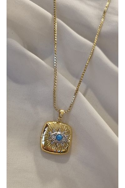AKSESUARIM Special Series, Blue Stone Eye Themed, with Cover, Photo Can Be Put, with Chain, Unbreakable, Gold Color Steel Necklace