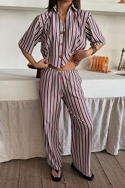 COTTONLAB Striped Crop Shirt - Loose Pants Suit Modal - Claret Red