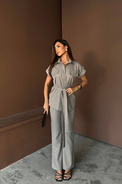 Hariqa Striped Polyviscos Blazer - Pants Suit - Gray