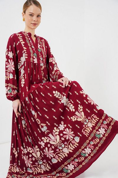 leyla sanat sanata yeni bir bakış açısı Leyla Sanat Sanata a New Perspective 2423 Authentic Patterned Hijab Dress - H. Burgundy