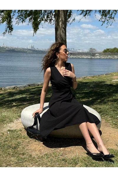 leyla sanat sanata yeni bir bakış açısı Leyla Art a New Perspective on Art Women's Imported Crepe Fabric Double Breasted Neckline Skirt Flared Sleeveless Mini E