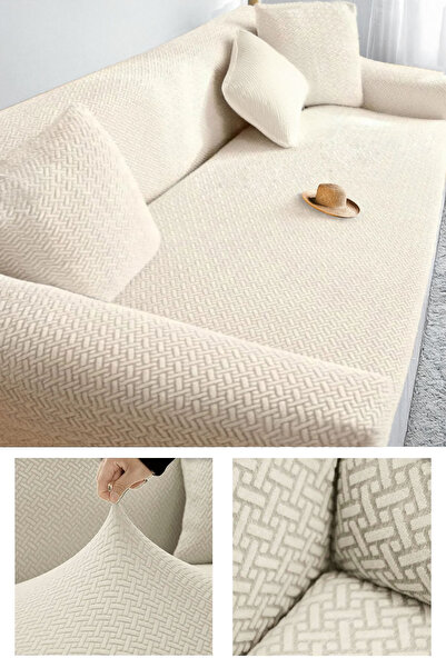 HANSARAYHOME Husă pentru canapea elastică crem cu model cărămidă pentru 3 persoane Husă pentru scaun elastic Husă pentru scaun