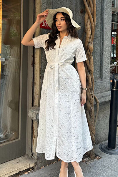 AYASOFYA OTANTIK Γυναικείο μαύρο λουλούδι Lotus με λεπτομέρεια τσέπης και ζώνης με επένδυση κοντομάνικο βαμβακερό φόρεμα μίντι πουκάμισο