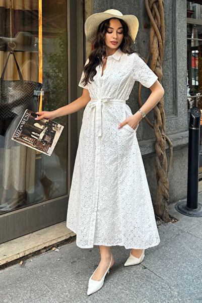 AYASOFYA OTANTIK Γυναικείο μαύρο λουλούδι Lotus με λεπτομέρεια τσέπης και ζώνης με επένδυση κοντομάνικο βαμβακερό φόρεμα μίντι πουκάμισο