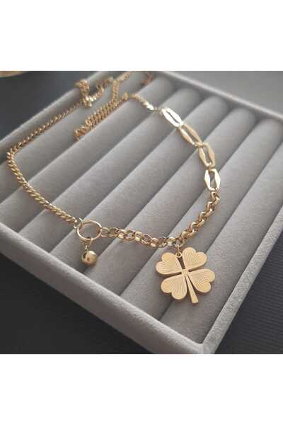 Betül Çekiç Çelik gold renk yonca detay kadın kolye