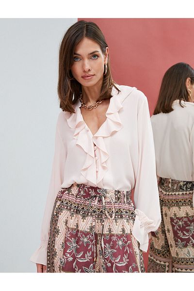 Koton Ruffle Shirt Long Sleeve V-Neck Button-Up