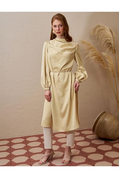 Kayra Chain Belt Detailed Satin Tunic Light Yellow