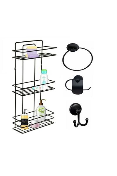 Sas Haus Bathroom Accessory Set 4 Pieces Black, Lifetime Stainless Flat Shower Shelf Shampoo Holder Black Tş-03