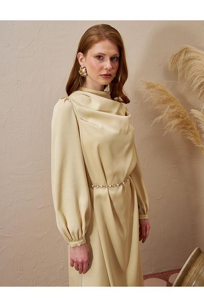 Kayra Chain Belt Detailed Satin Tunic Light Yellow
